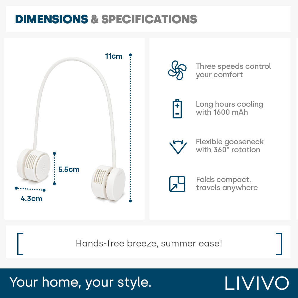 Livivo Portable Neck Fan Rechargeable 3 Speed Cooling Fan White