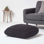 HOMESCAPES Black Square Cotton Knitted Pouffe Floor Cushion