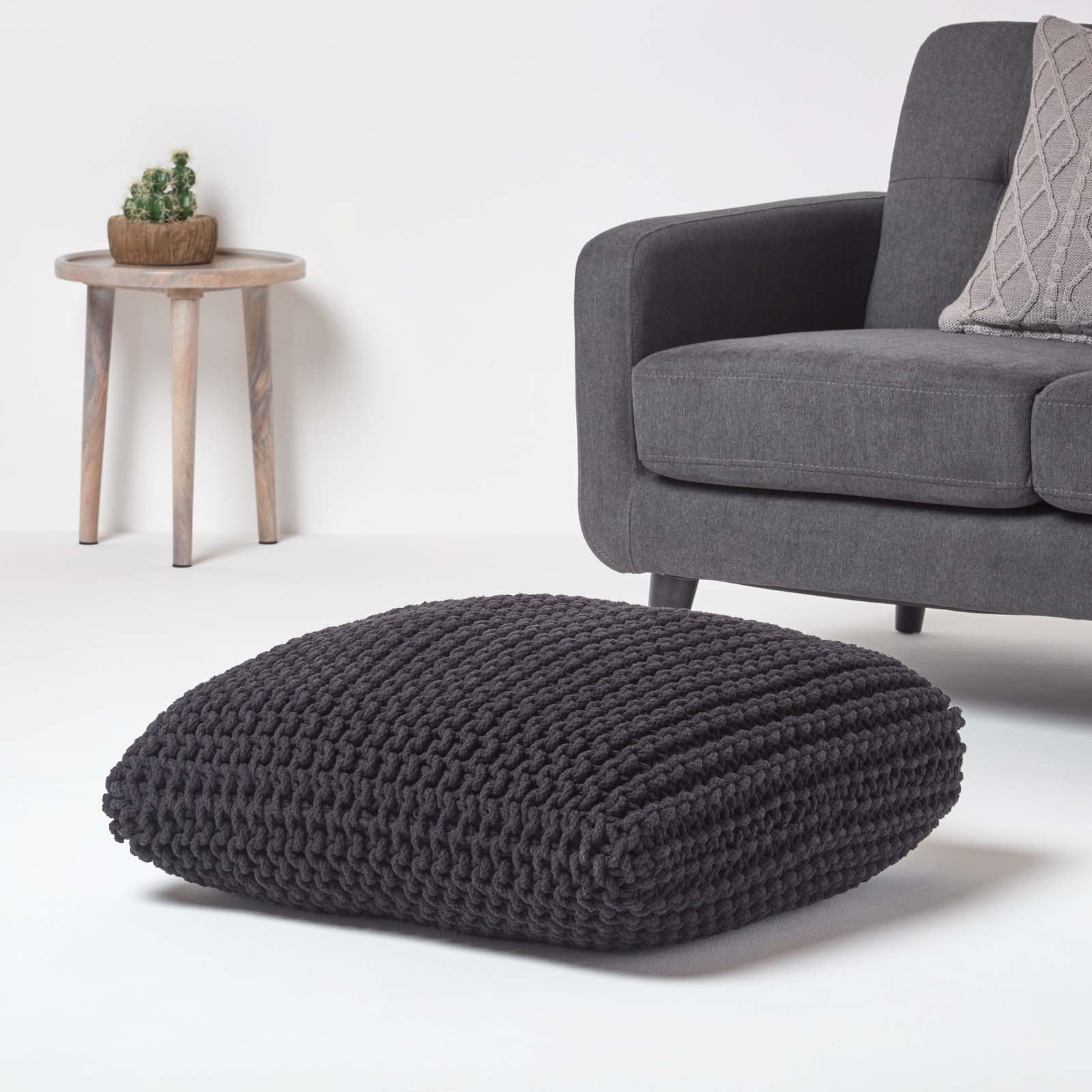 HOMESCAPES Black Square Cotton Knitted Pouffe Floor Cushion