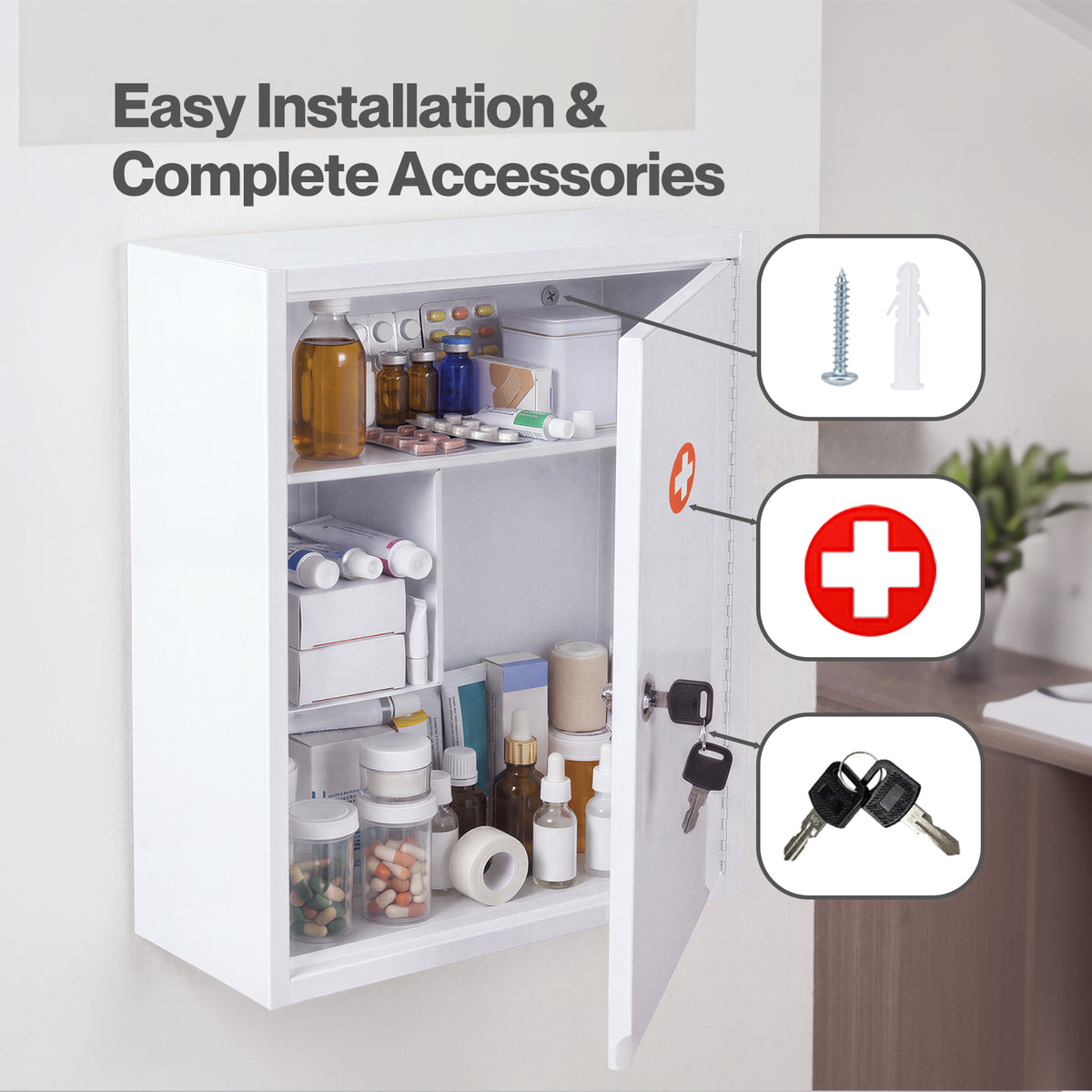 Medicine Storage Box,lockable 3-tier Wall Cabinet,alloy Steel,white