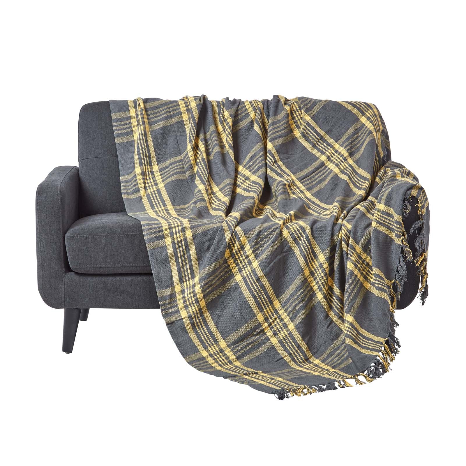 Tartan Check Sofa And Bed Throw | 225cm x 255cm | Yellow & Grey