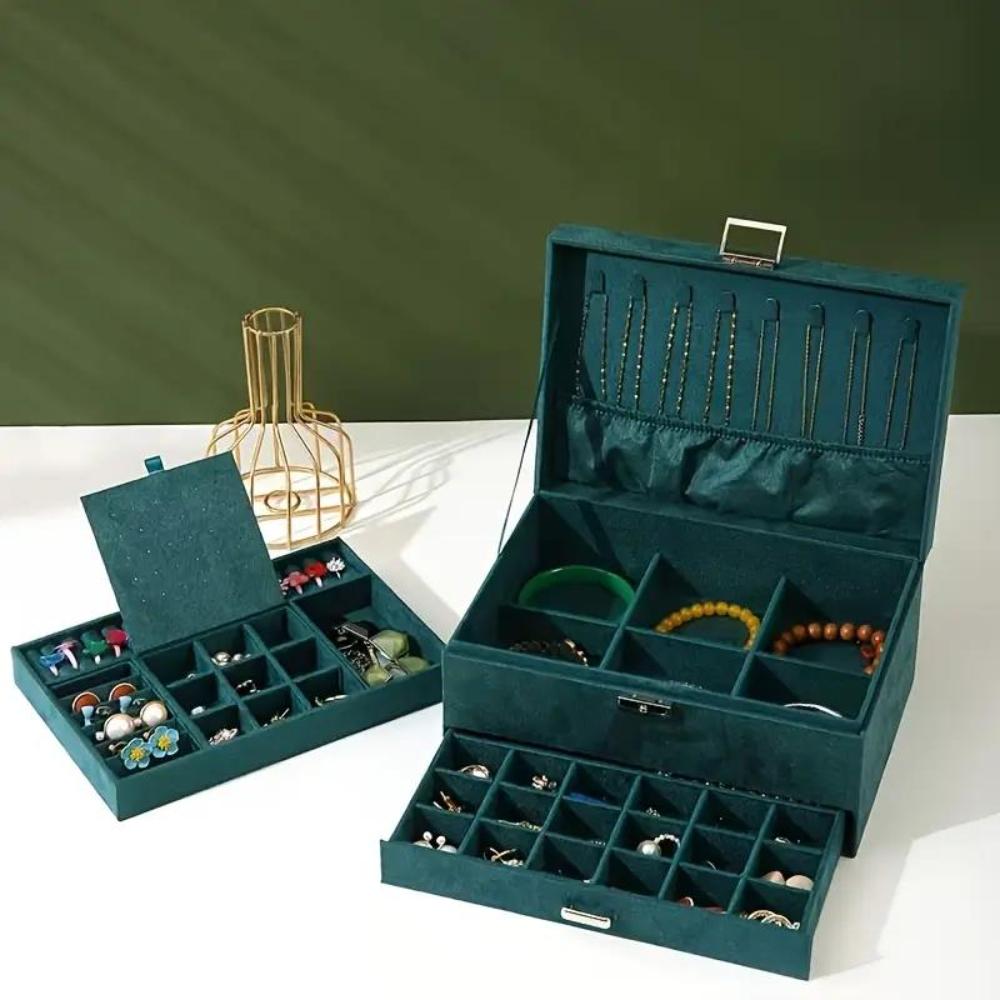 Dyzi Velvet 3-layer Lockable Jewellery Box Multi-functional Storage Case