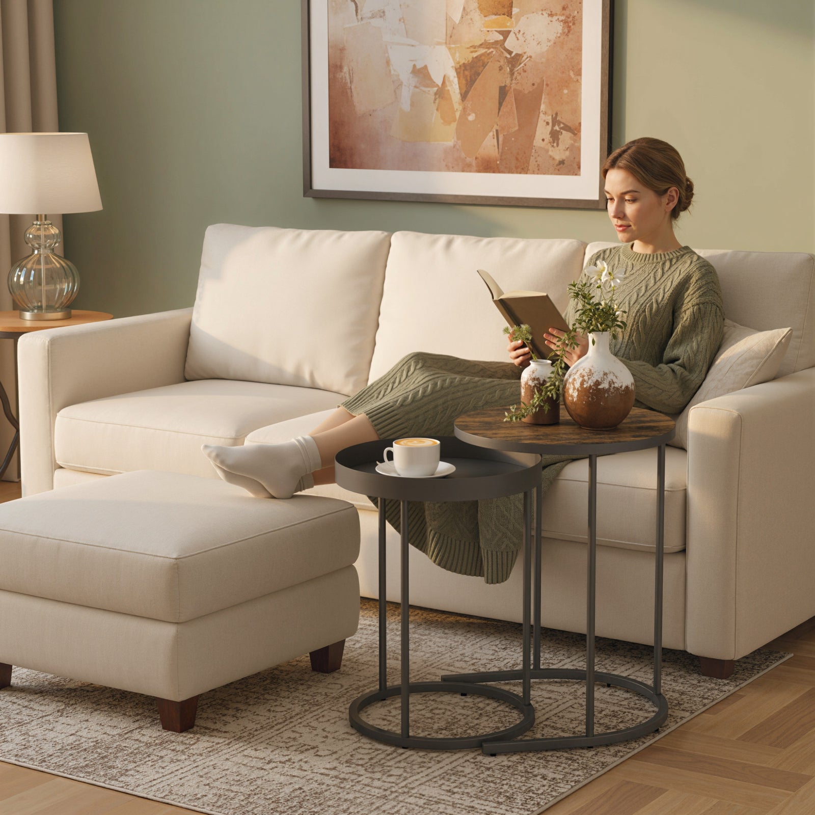 Nesting Side Table Set Of 2, Industrial Round Nest Of Tables | Rustic Brown