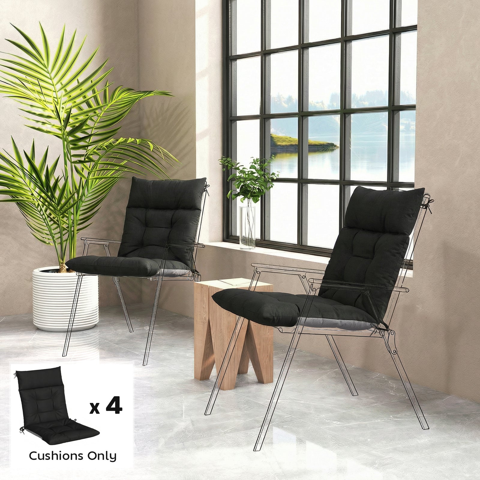 Garden Chair Cushions Set Of 4, Waterproof Seat Pads | Black