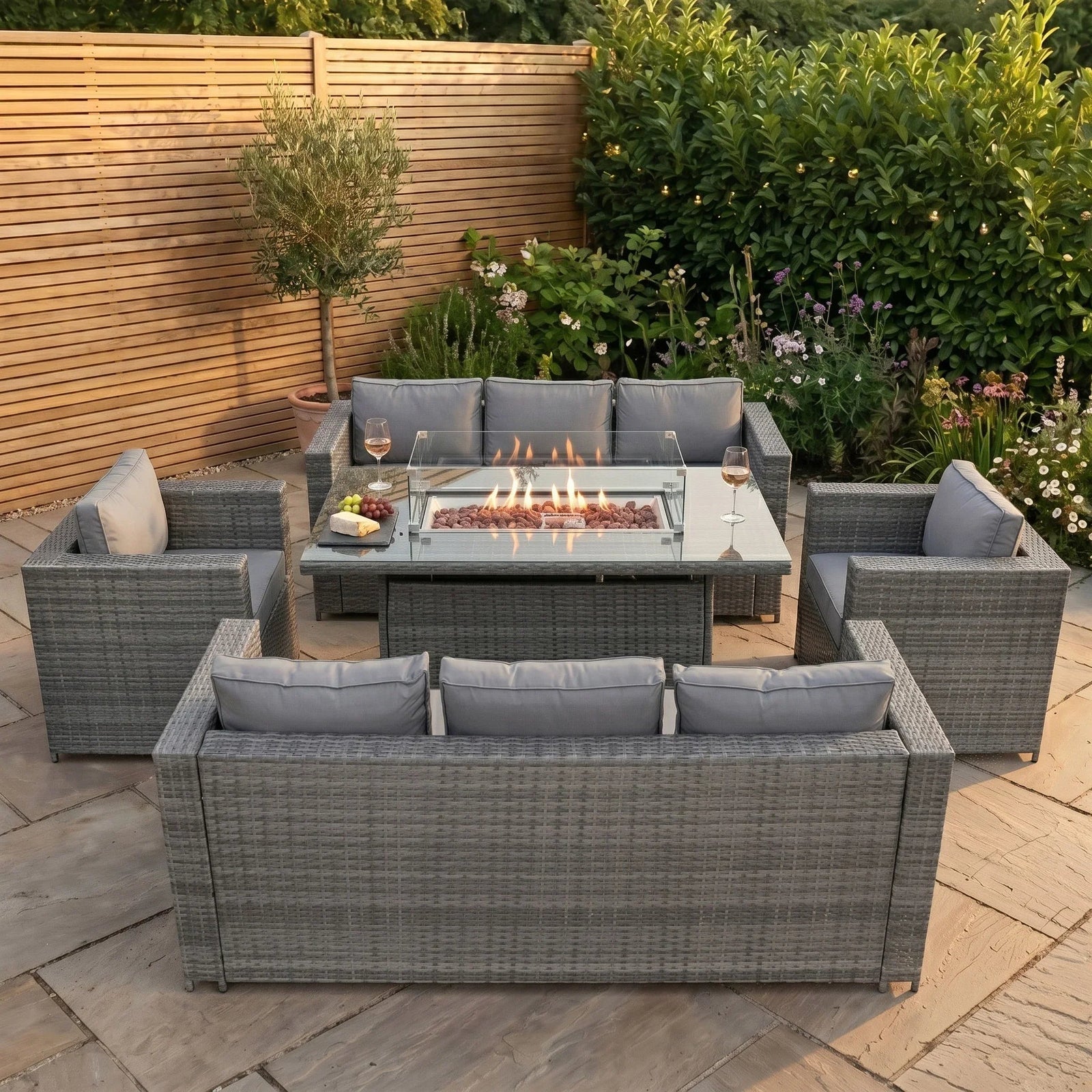 8 Seater Rattan Furniture Set With Firepit | Grey