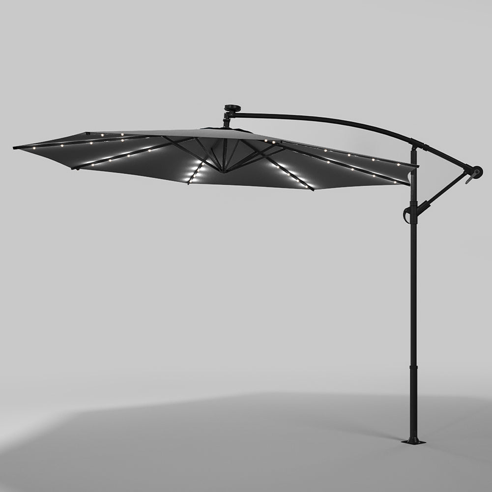 3 M Banana Patio Umbrella Cantilever Garden Parasol With Solar-powered 32 Led Lights, Crank For Opening Closing Without Base | One Size | Dark Gray