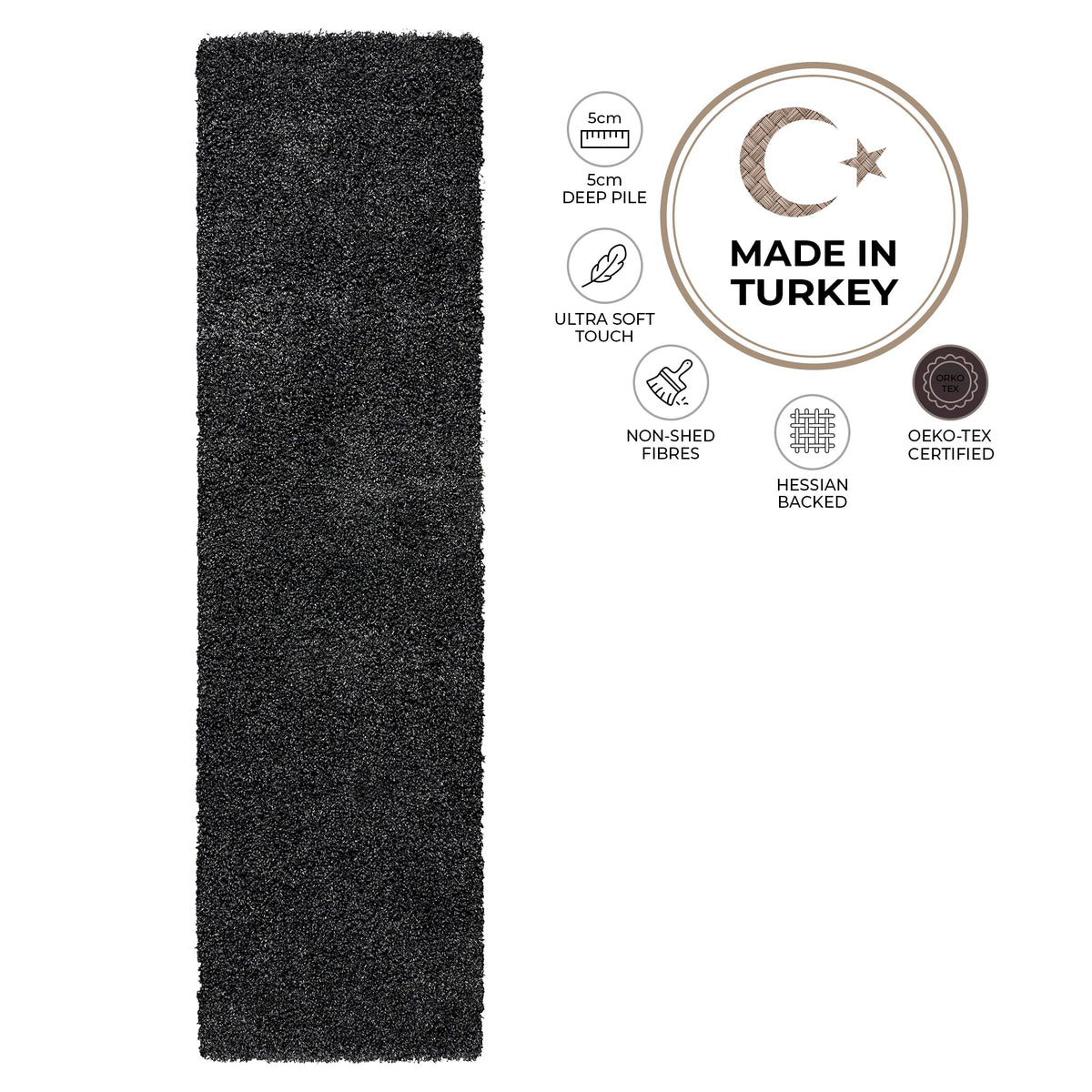 California Shaggy Rug Deep Pile | 60cm x 230cm | Black
