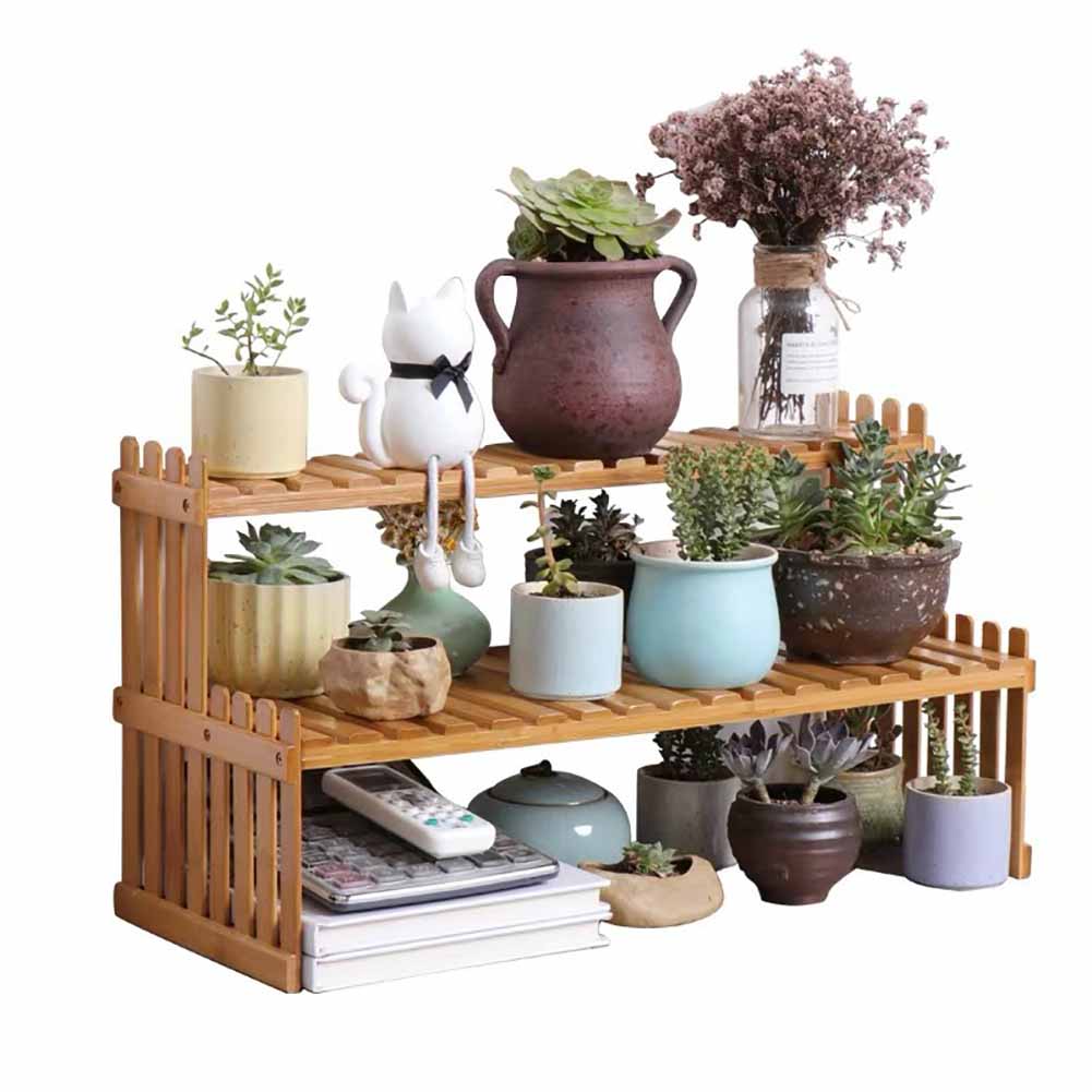 2-tier Solid Wood Compact Plant Stand Desk & Countertop Plant Display Shelf 30cm H Riser Rack