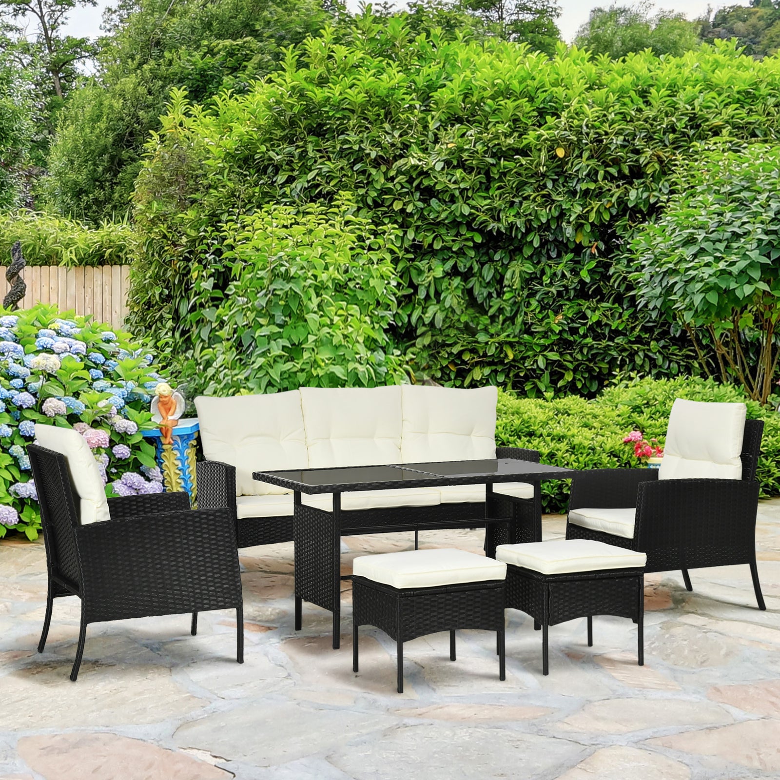 Rattan Garden Furniture Set W/2 Armchairs Sofa 2 Footstools | White
