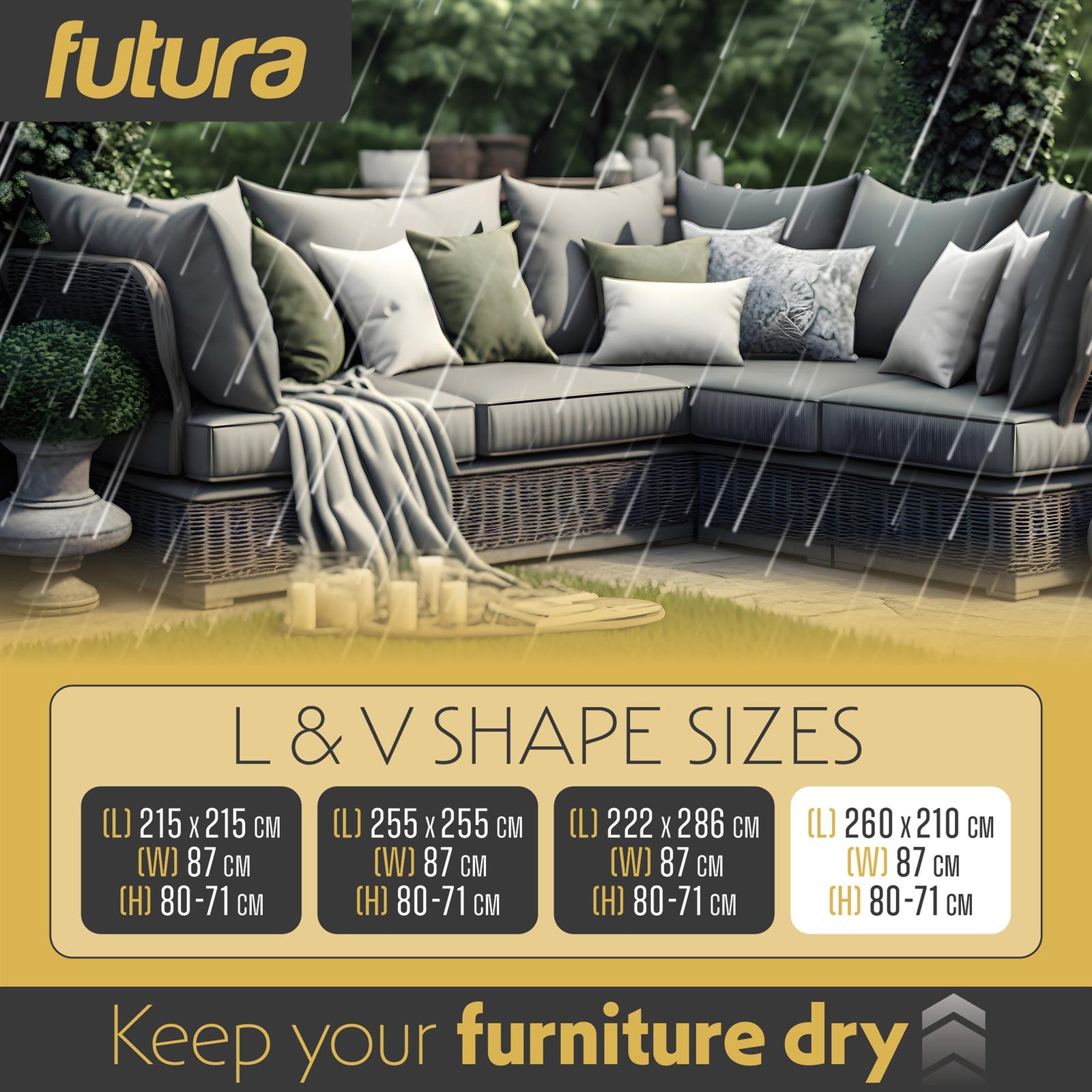 Premium L Shaped Waterproof Garden Furniture Cover, Outdoor Patio Weatherproof Rattan Sofa Guard | 260 x 210 x 80cm | Black