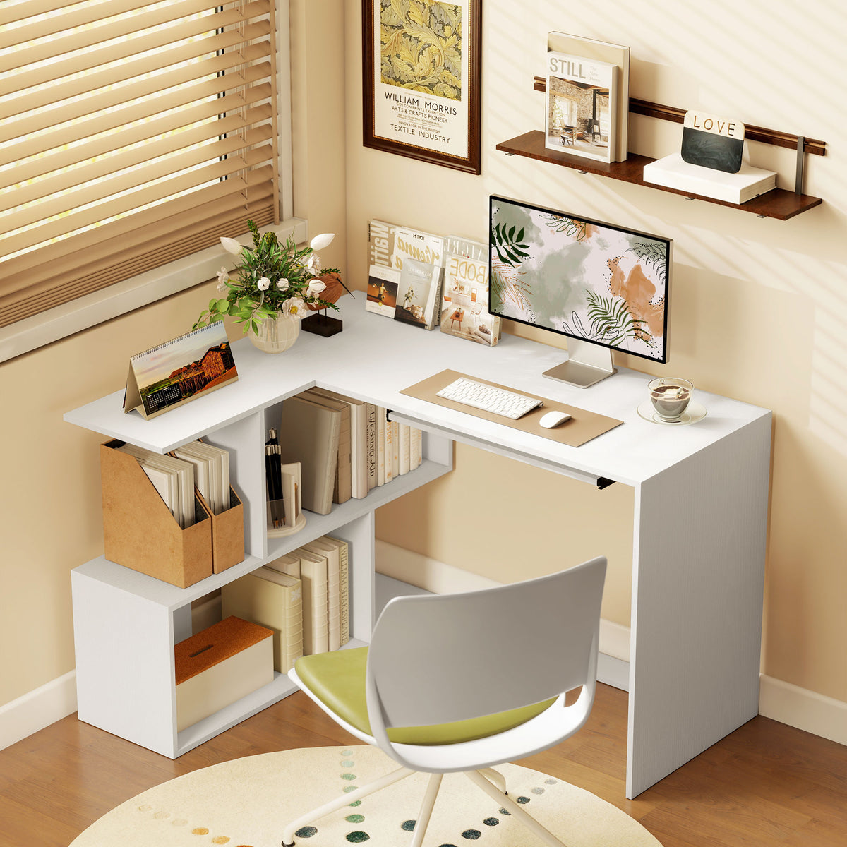L-shaped Corner Desk With Keyboard Tray And Open Shelves, White