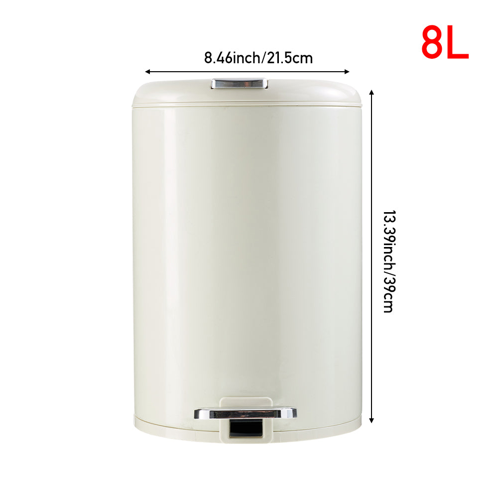 8l Stainless Steel Step-on Trash Can With Lid, Cream White, For Home, Bathroom, And Toilet Use