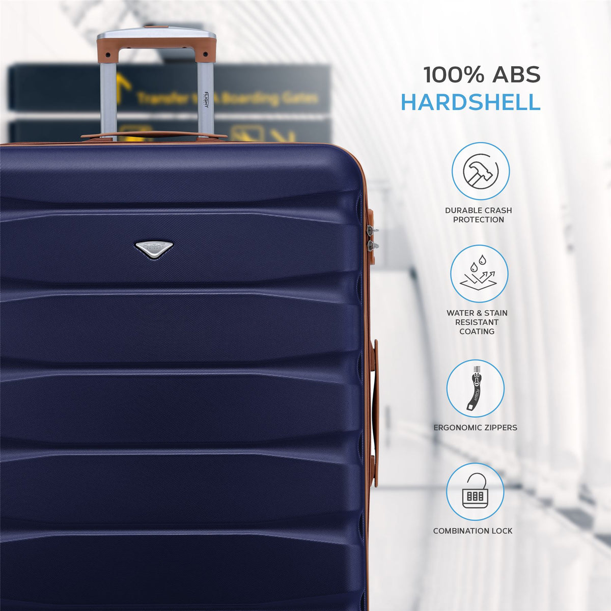 Set Of 3 Hard Shell Suitcase Cabin & Check In Cases With Tsa Lock - Overhead Cabin With Medium & Large Check-in Bag | Set of 3 | Navy & Tan