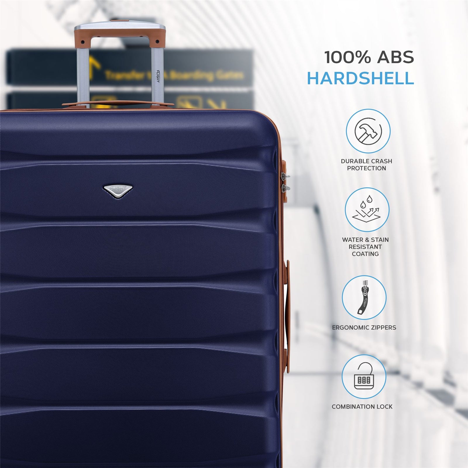 Set Of 3 Hard Shell Suitcase Cabin & Check In Cases With Tsa Lock - Overhead Cabin With Medium & Large Check-in Bag | Set-of-3 | Navy & Tan