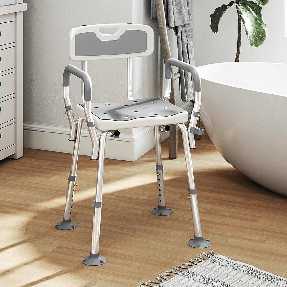HOMCOM Padded Shower Stool With Arms And Back, 4 Suction Foot Pads