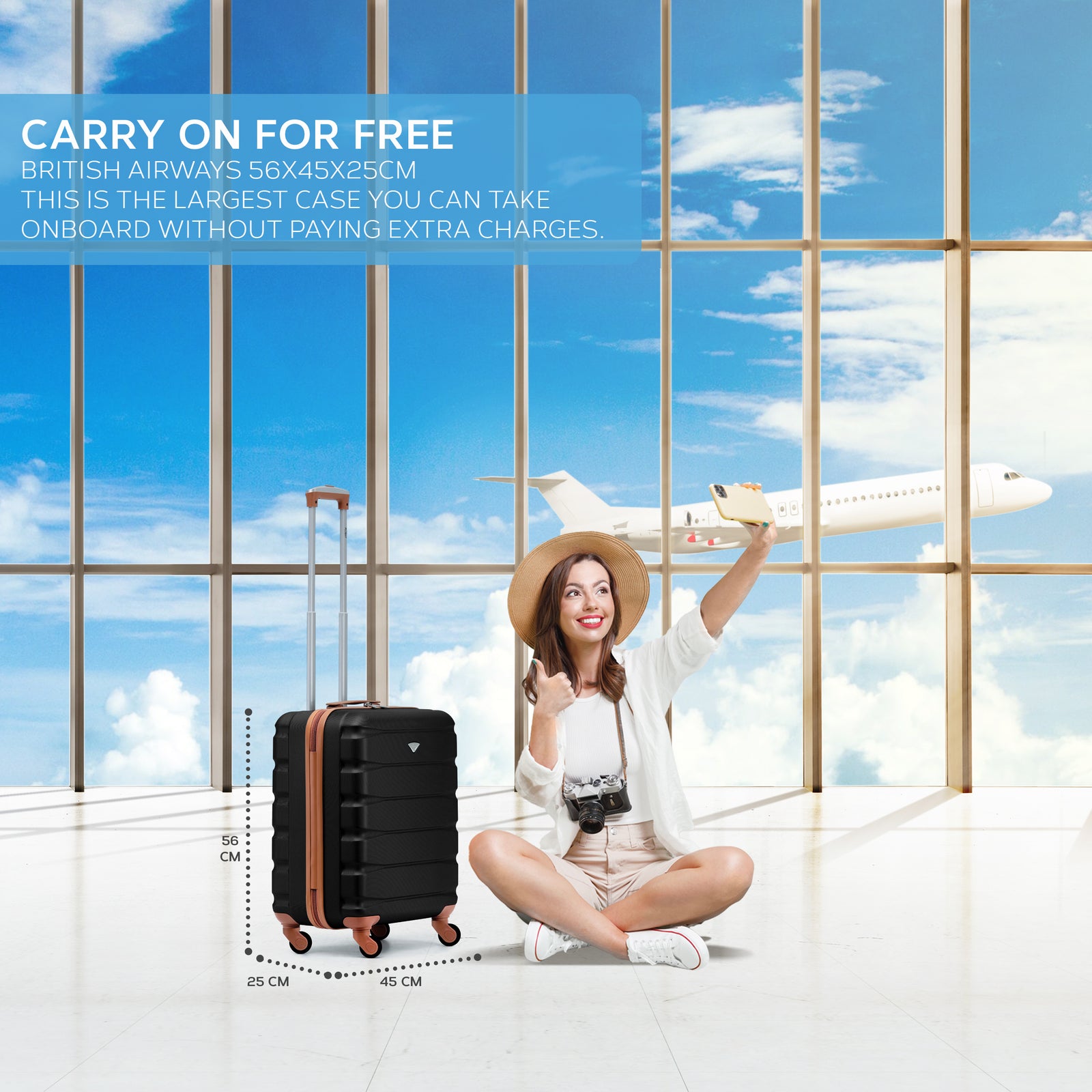 56x45x25cm Large Cabin Carry On Case - Overhead Luggage Suitcase - 4 Spinner Wheels - Abs Shell | 56 x 45 x 25cm | Black & Brown