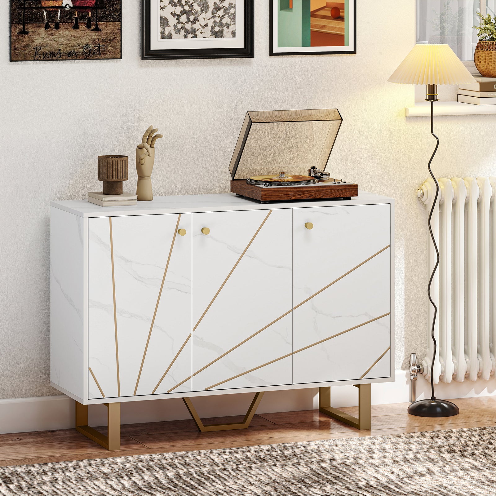 Sideboard Storage Cupboard With Metal Legs For Living Room | White