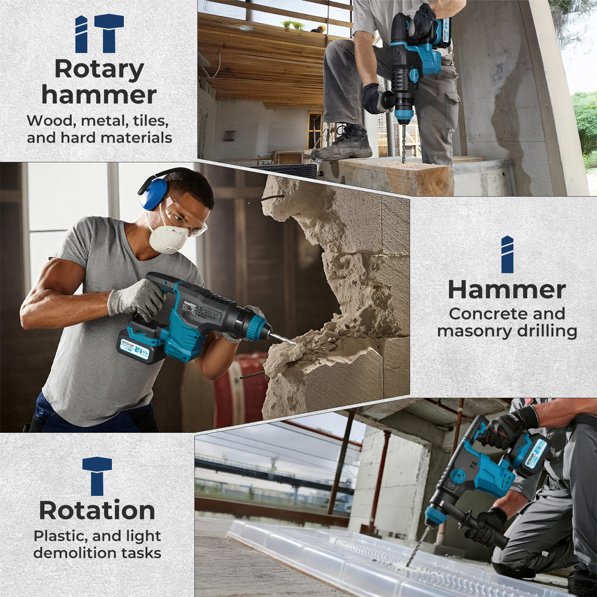21v Cordless Rotary Hammer Drill Sds Plus Concrete Impact Drill Tool | Blue