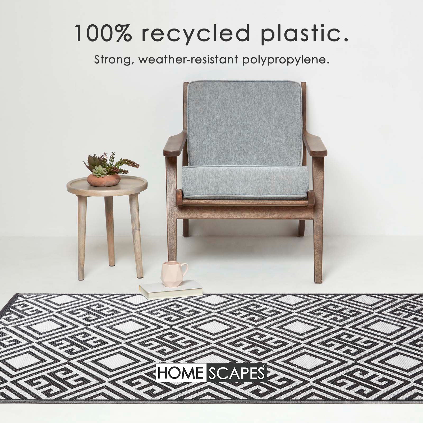 Luxury Outdoor Rug Waterproof Reversible For Garden Patio, Black & White Geometric