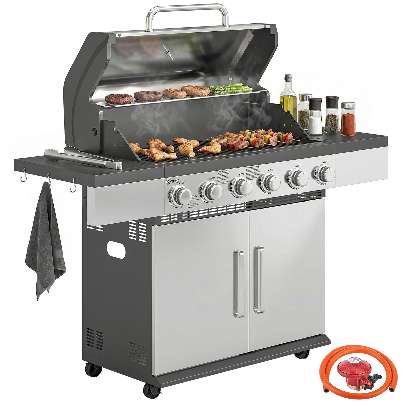 6 Burner Liquid Propane Gas Bbq Grill, Portable Gas Barbecue Grill