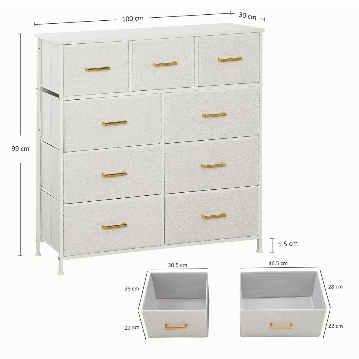 HOMCOM Chest Of Drawers With 9 Drawers, Boucle Storage Organiser, Cream