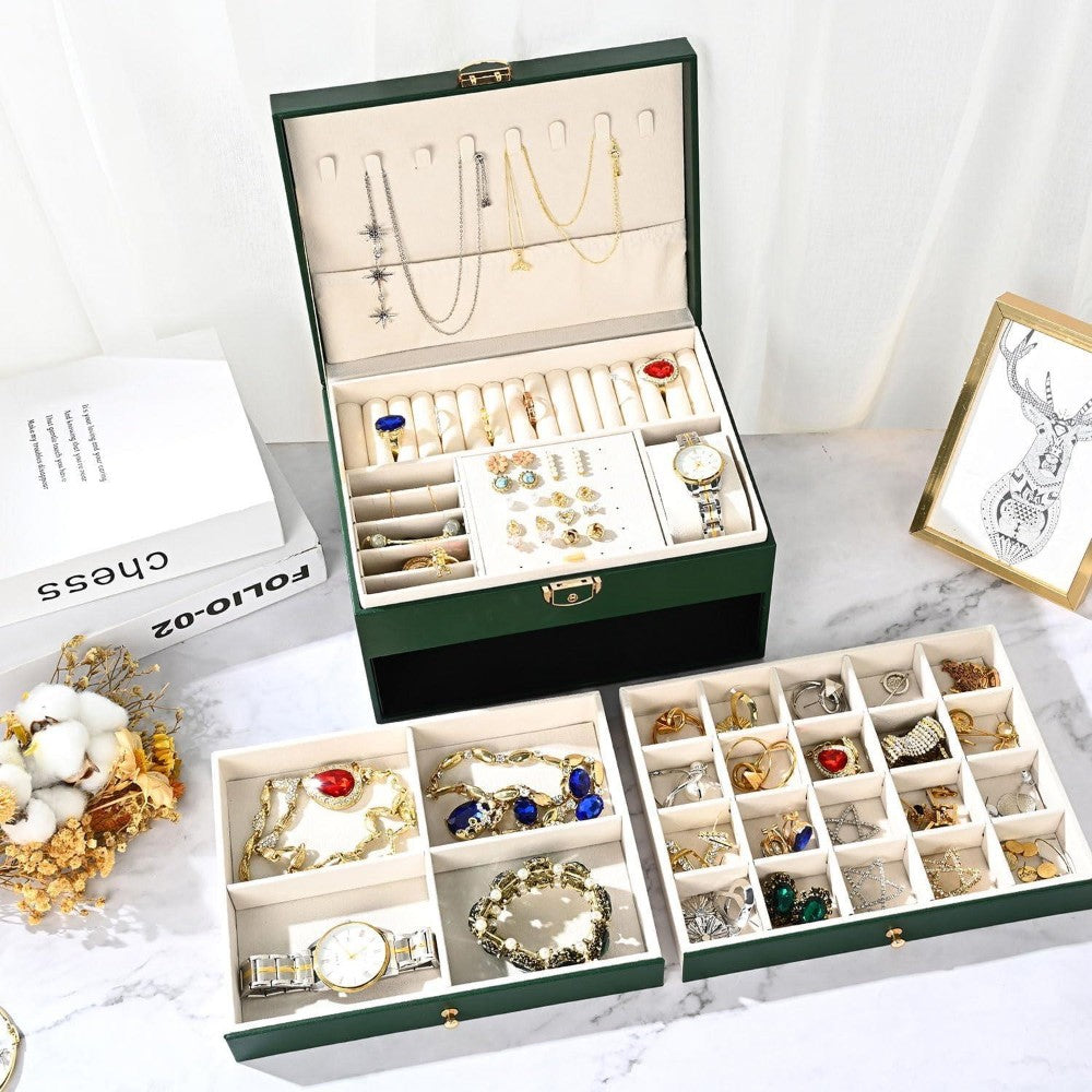 Dyzi 3 Layer Pu Leather Jewellery Box Organiser With Drawers