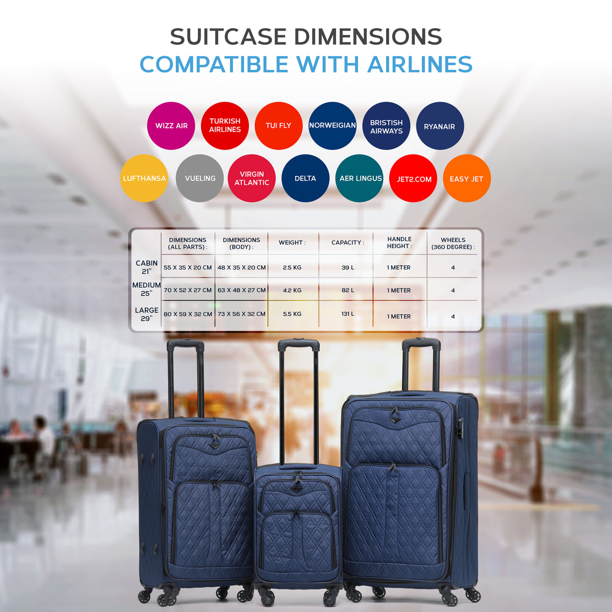 Lightweight 4 Wheel 800d Soft Case Quilted Suitcases Set Of 3 Anti Crack - Cabin & Hold Luggage 100+ Airlines Approved | Set of 3 | Navy Blue