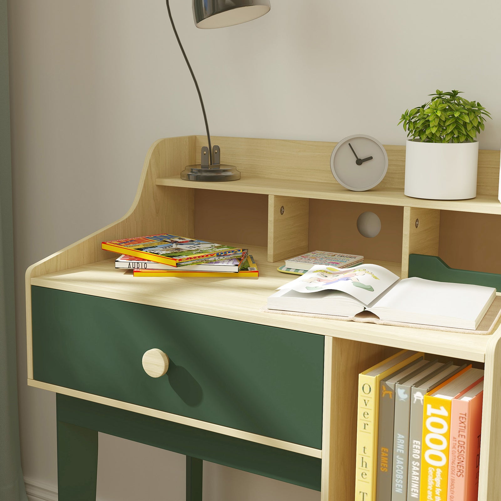Aiyaplay Kids Desk And Chair Set With Storage Shelves, Drawer, Green