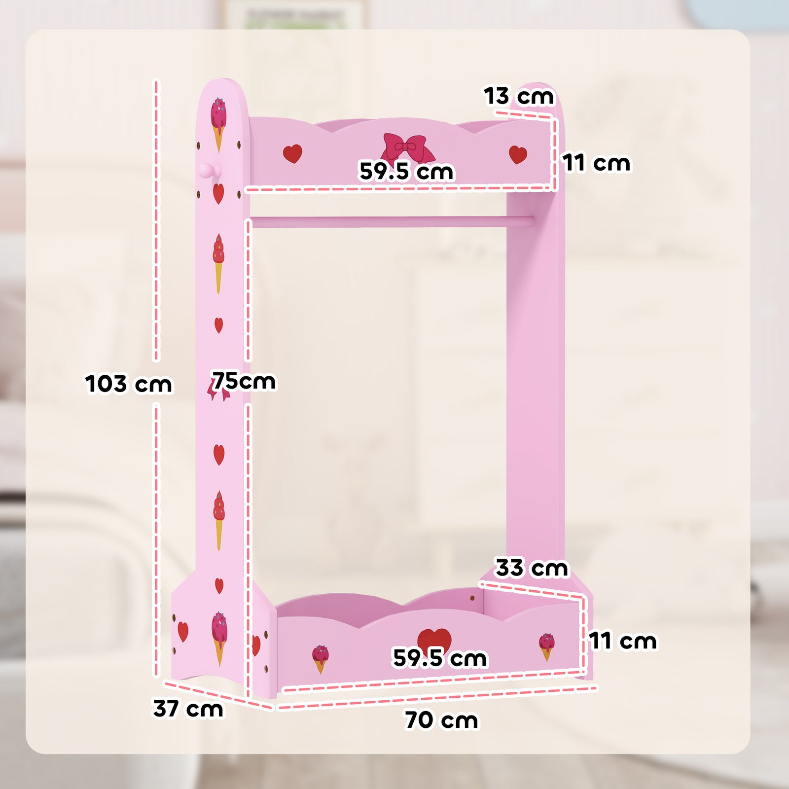 Kids Clothes Rail, Dress Up Rail W/ 2 Storage Shelves, 70 X 37 X 103cm | Hot Pink