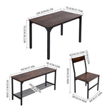 4-piece Industrial Dining Table Set With 2 Chairs And Bench – Vintage Metal Kitchen Furniture | Dark Brown