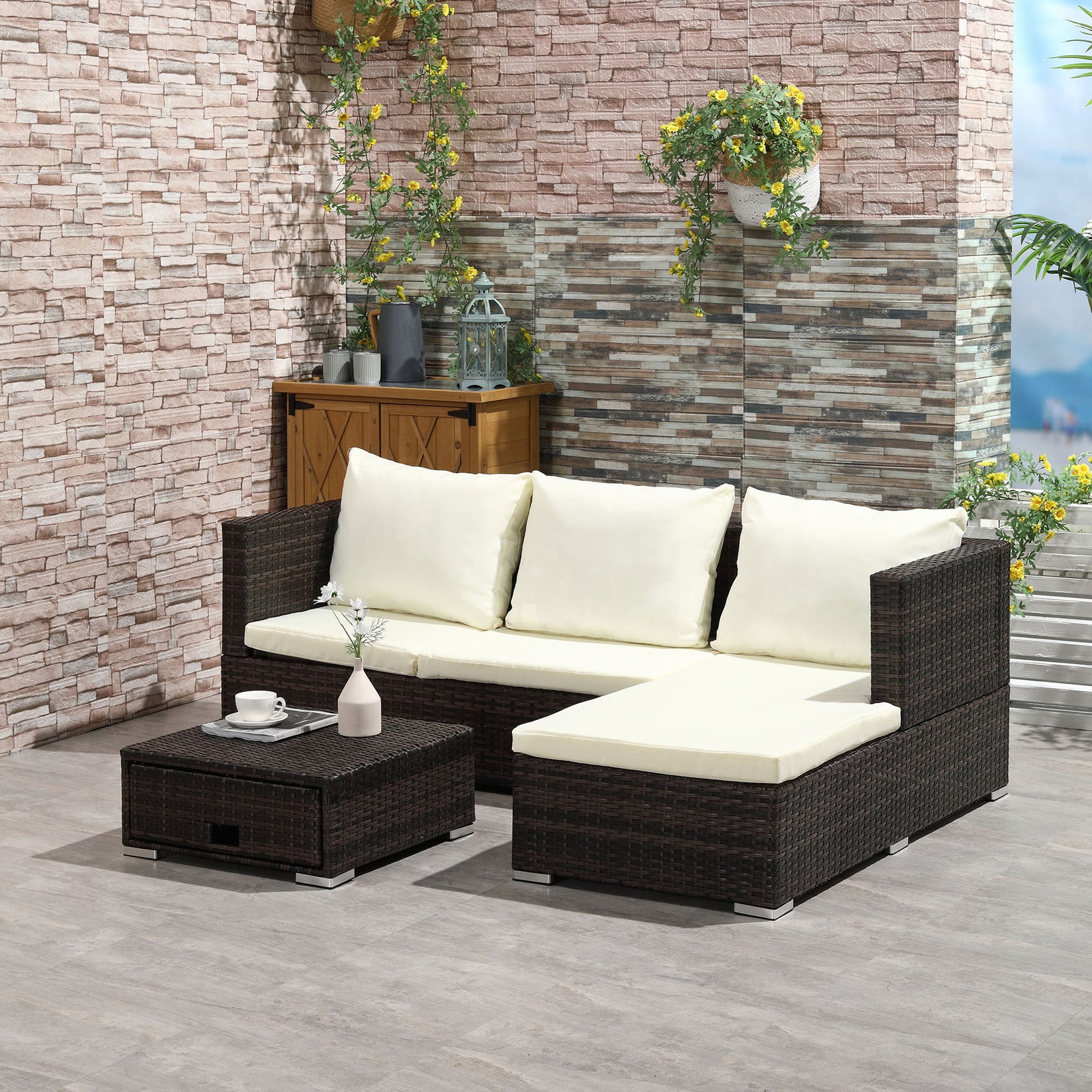 Rattan Garden Sofa Set Storage Table Wicker Patio Lounger | Brown