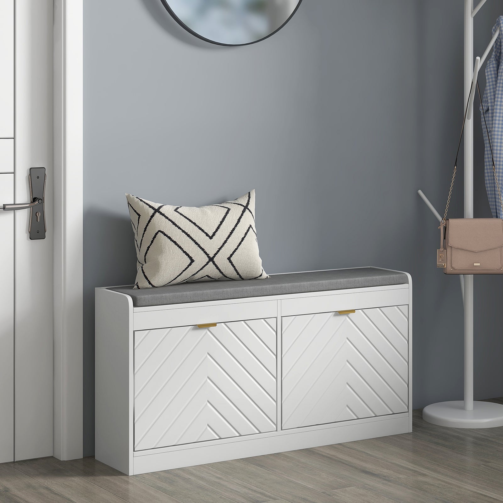 Shoe Bench With 2 Flip Drawers Cushion 8 Pairs For Entryway
