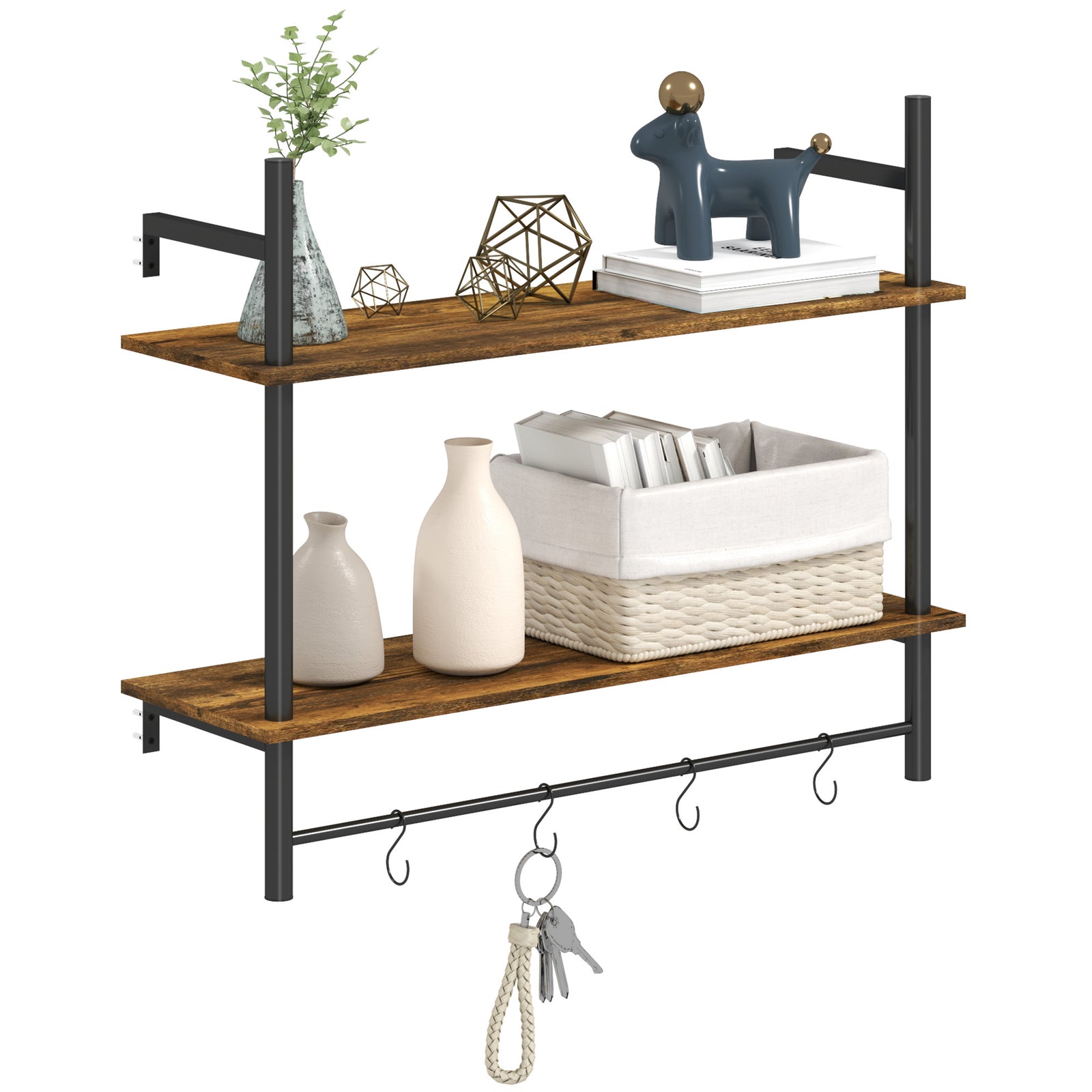 Wall Shelf Unit With 4 Hooks For Living Room, Entryway | One Size | Brown