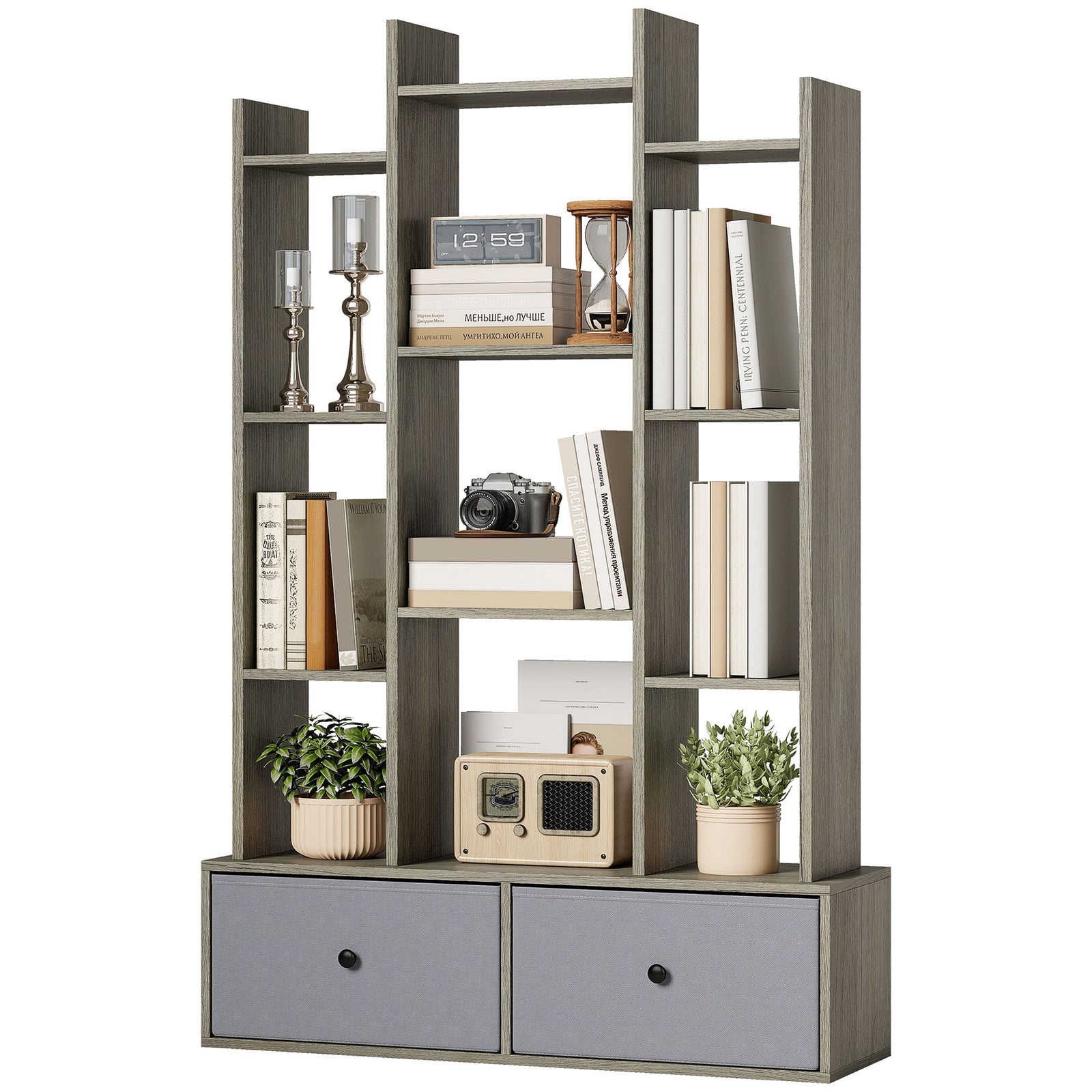 12-tier Bookshelf, Bookcase W/ 2 Folding Drawer | Brown