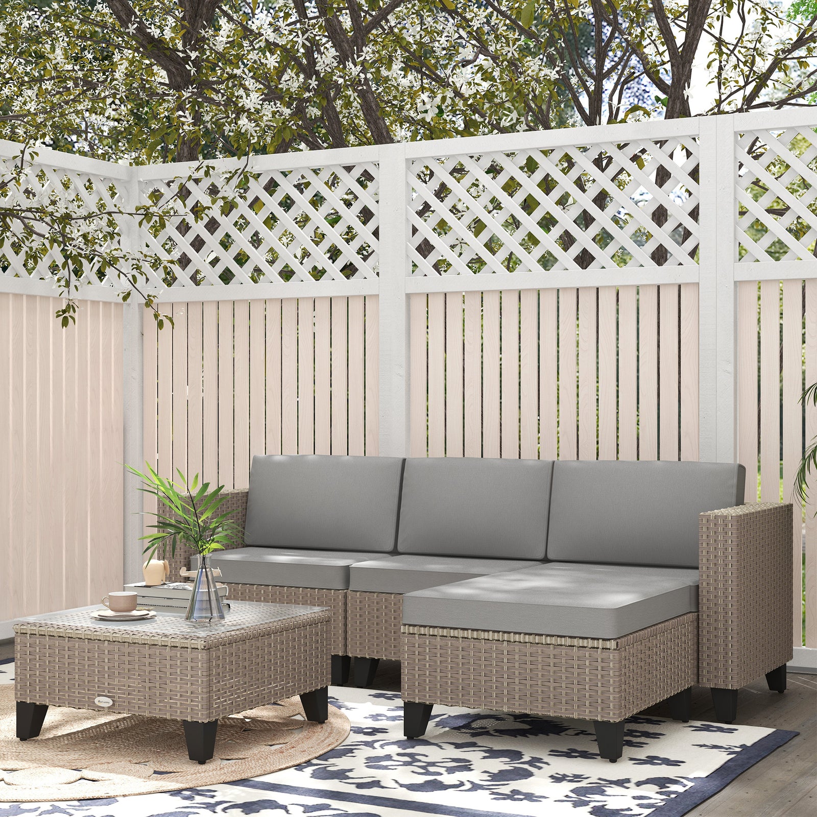 Rattan Garden Furniture Set W/ Corner Sofa, Table, Cushion | Brown