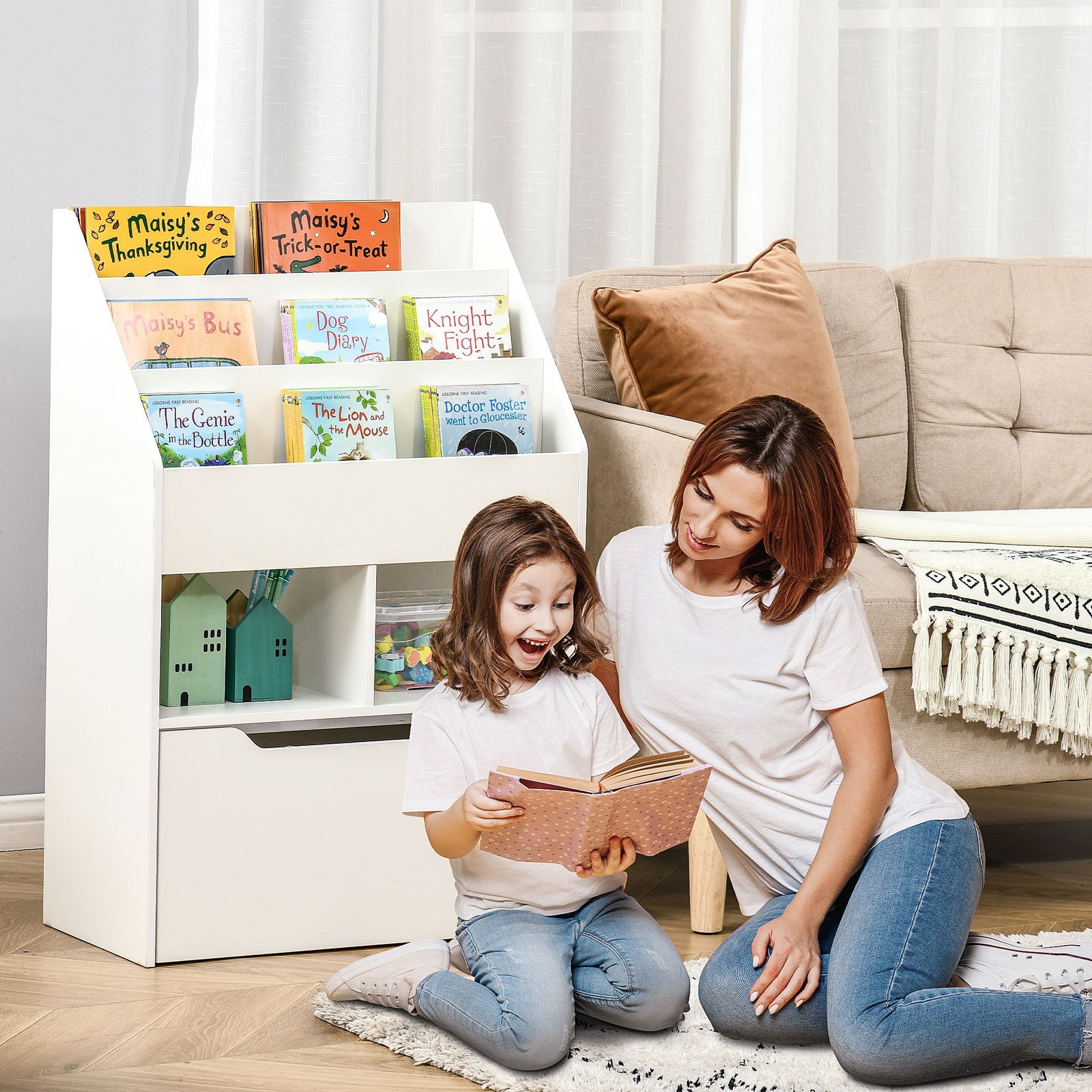 Kids Bookshelf, Toy Box W/ Storage Drawer, Wheels, For Bedroom | White