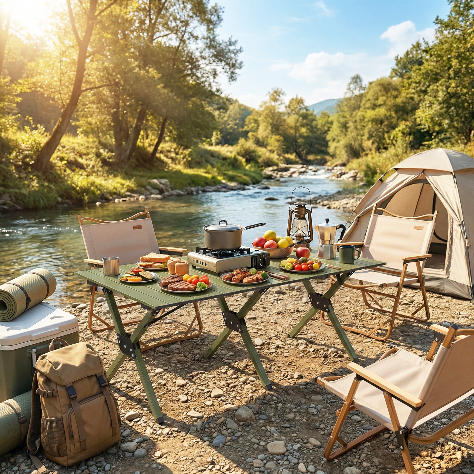 4ft Folding Camping Table, Picnic Table With Roll Up Top | Green