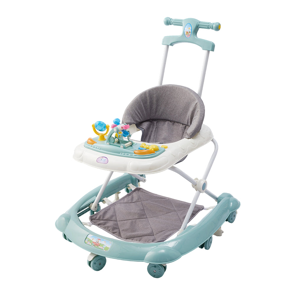 Adjustable Baby Walker, Foldable Walker, Multifunctional Baby Walker, Feeding Tray, Interactive Music, Toys, Wheel Safety Breaks | Cyan