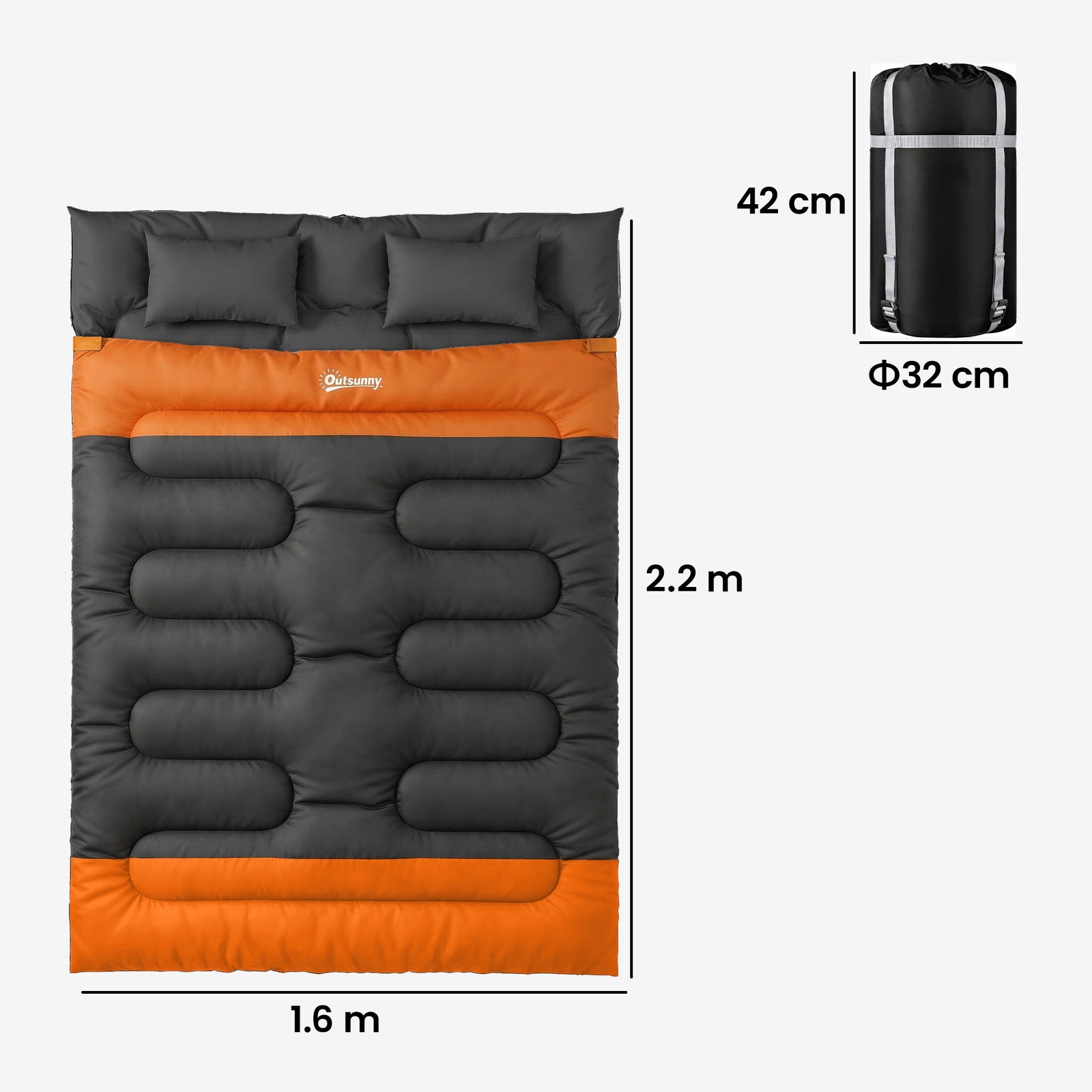 Double Sleeping Bag With 2 Pillows, 220 X 160cm Sleeping Bag | Orange & Black