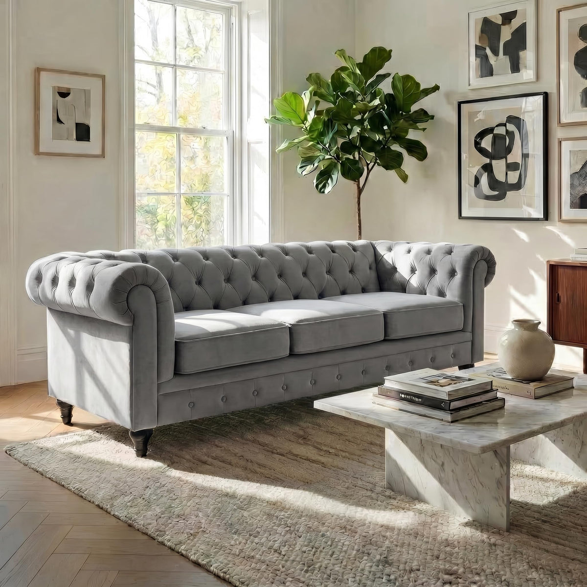 Chesterfield Scroll Arm Velvet Sofa 3 Seater | Grey