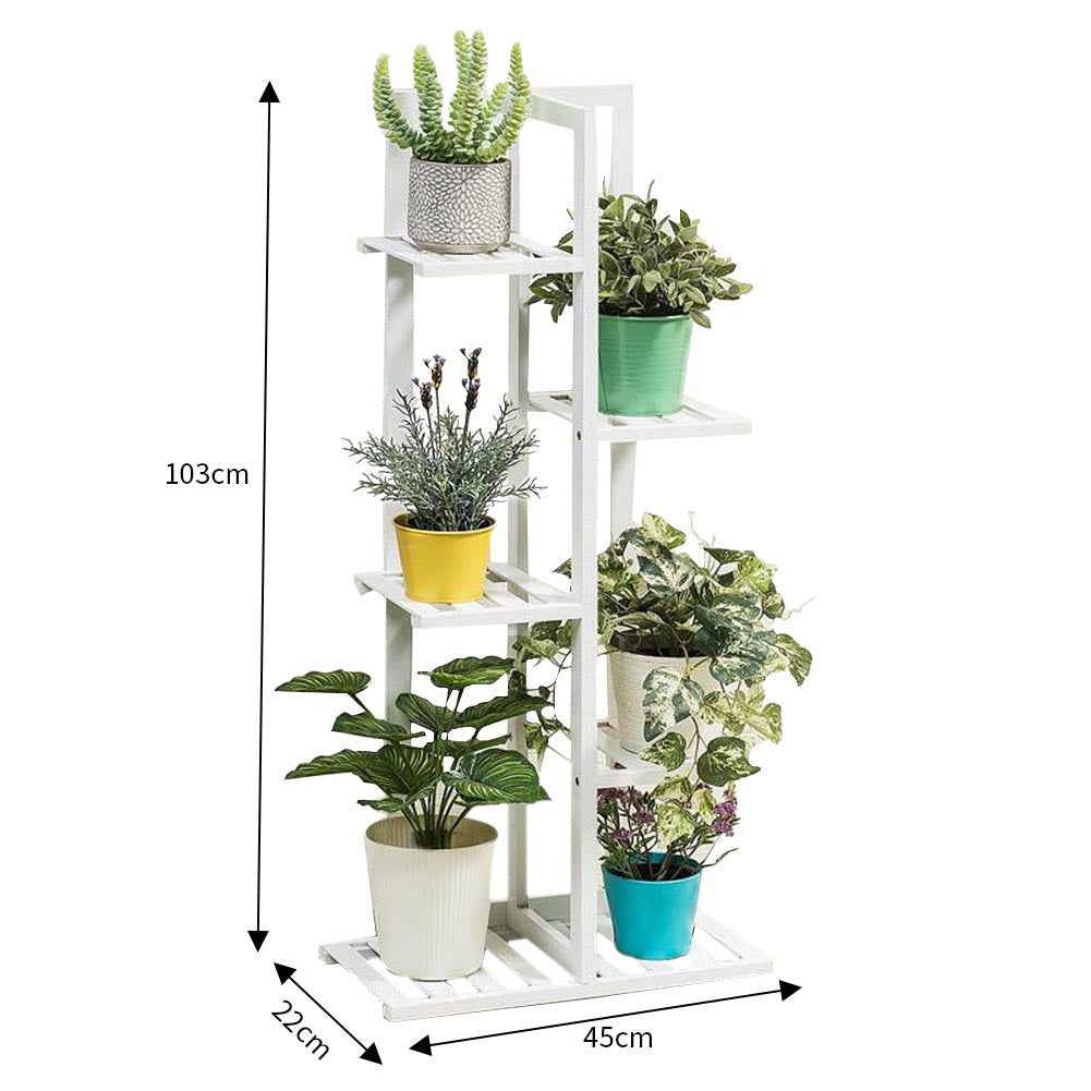 5 Tier Wooden Plant Stand Tall Plant Display Shelving Unit Indoor Outdoor Flower Rack 103cm Height | White