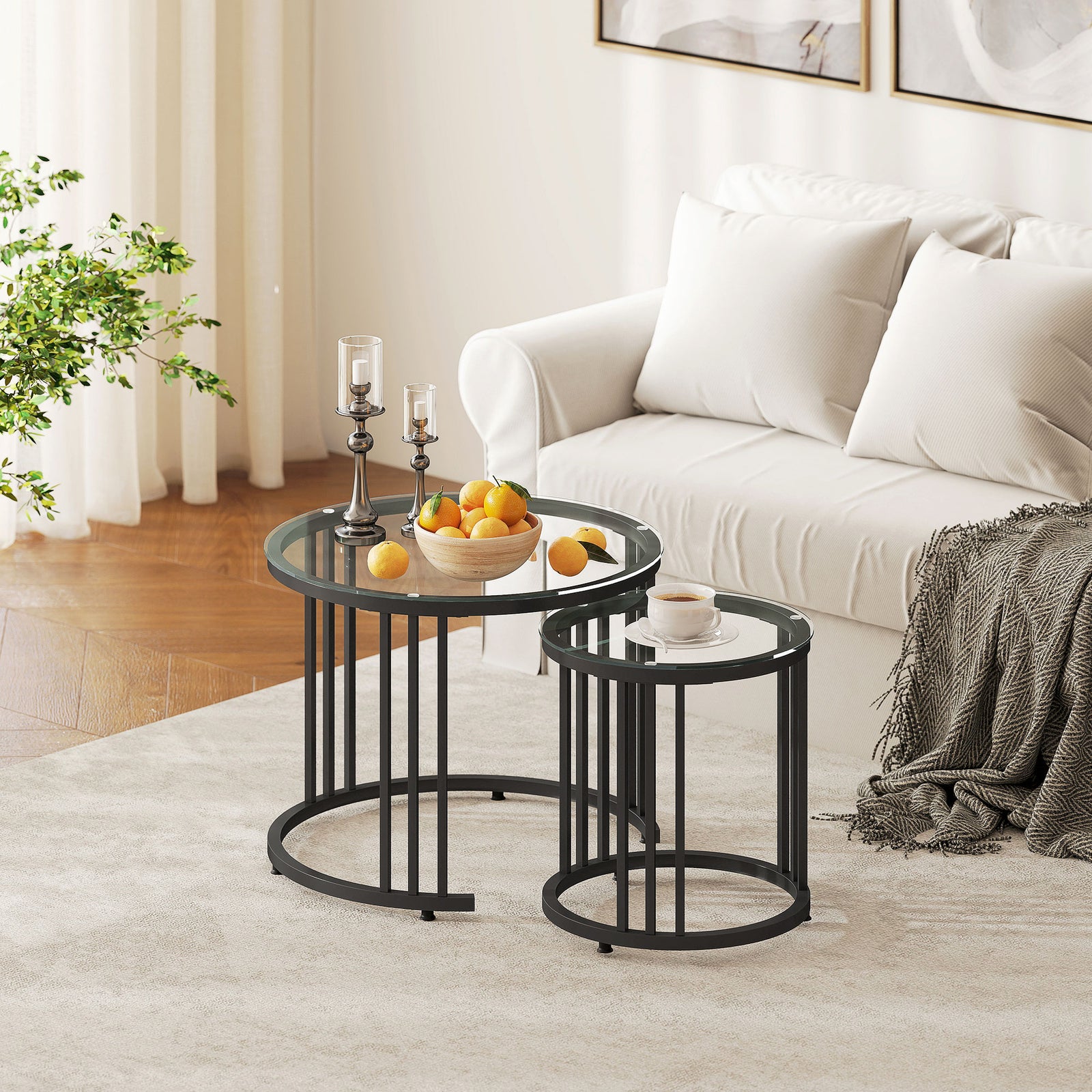 HOMCOM 2 Pieces Round Nesting Coffee Tables With Tempered Glass Top, Black