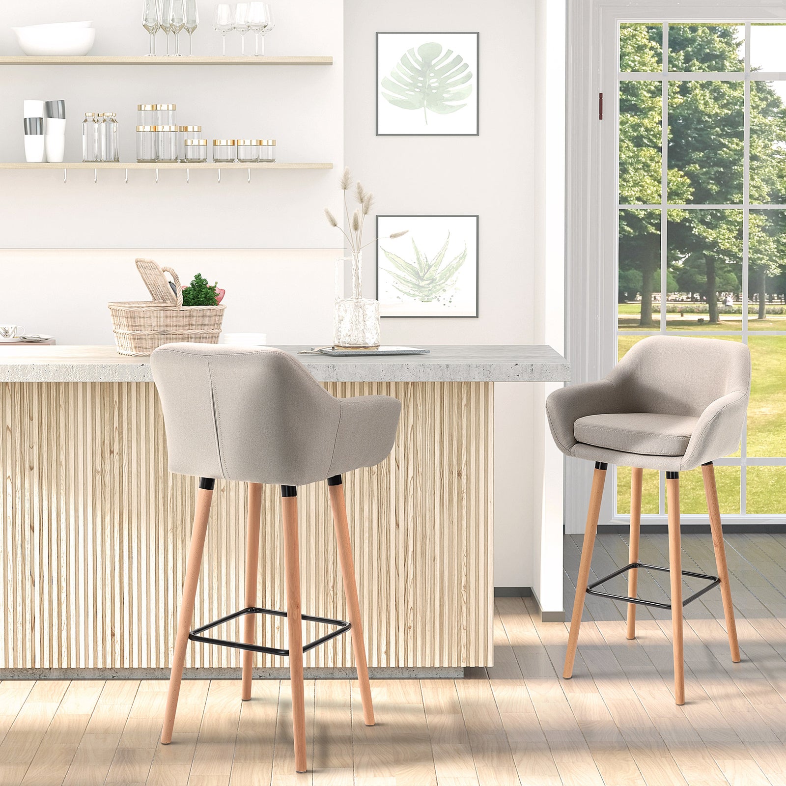 Upholstered Bucket Seat Bar Stools W/ Wood Legs | Beige