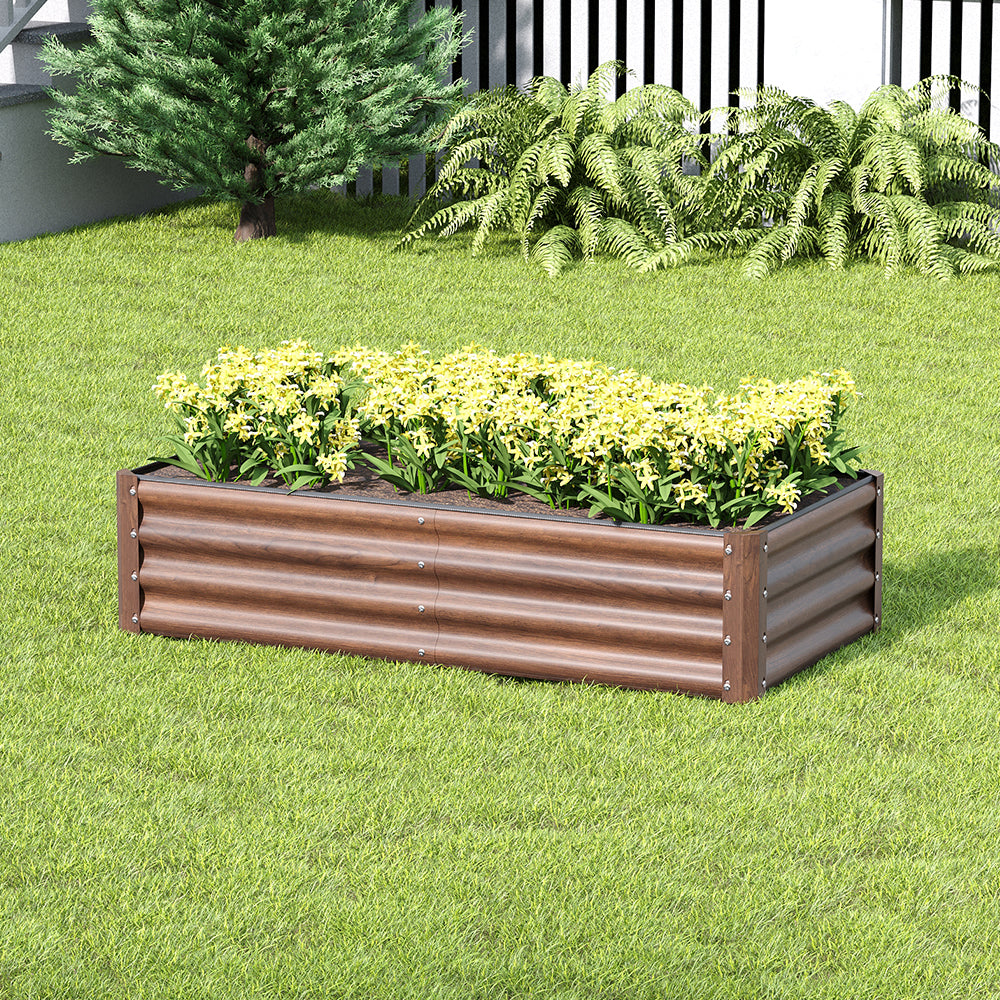 Brown Wood Grain Rectangular Galvanized Steel Raised Garden Bed | Small