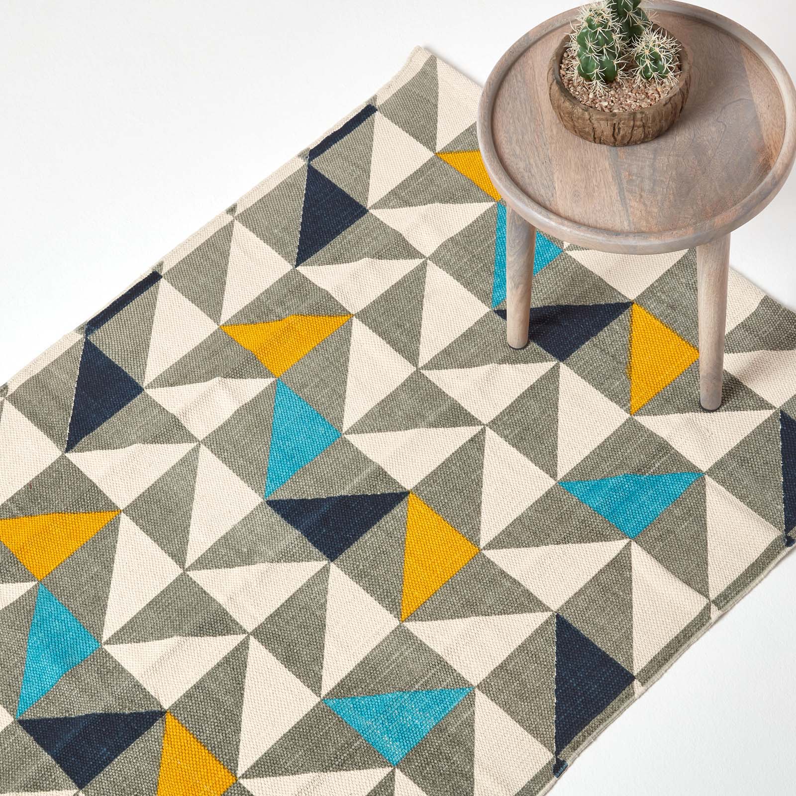 Copenhagen Blue, Yellow And Grey 100% Cotton Geometric Style Scandi Printed Rug | 150cm x 95cm | Grey & White
