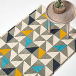 Copenhagen Blue, Yellow And Grey 100% Cotton Geometric Style Scandi Printed Rug | 120cm x 180cm | Grey & White