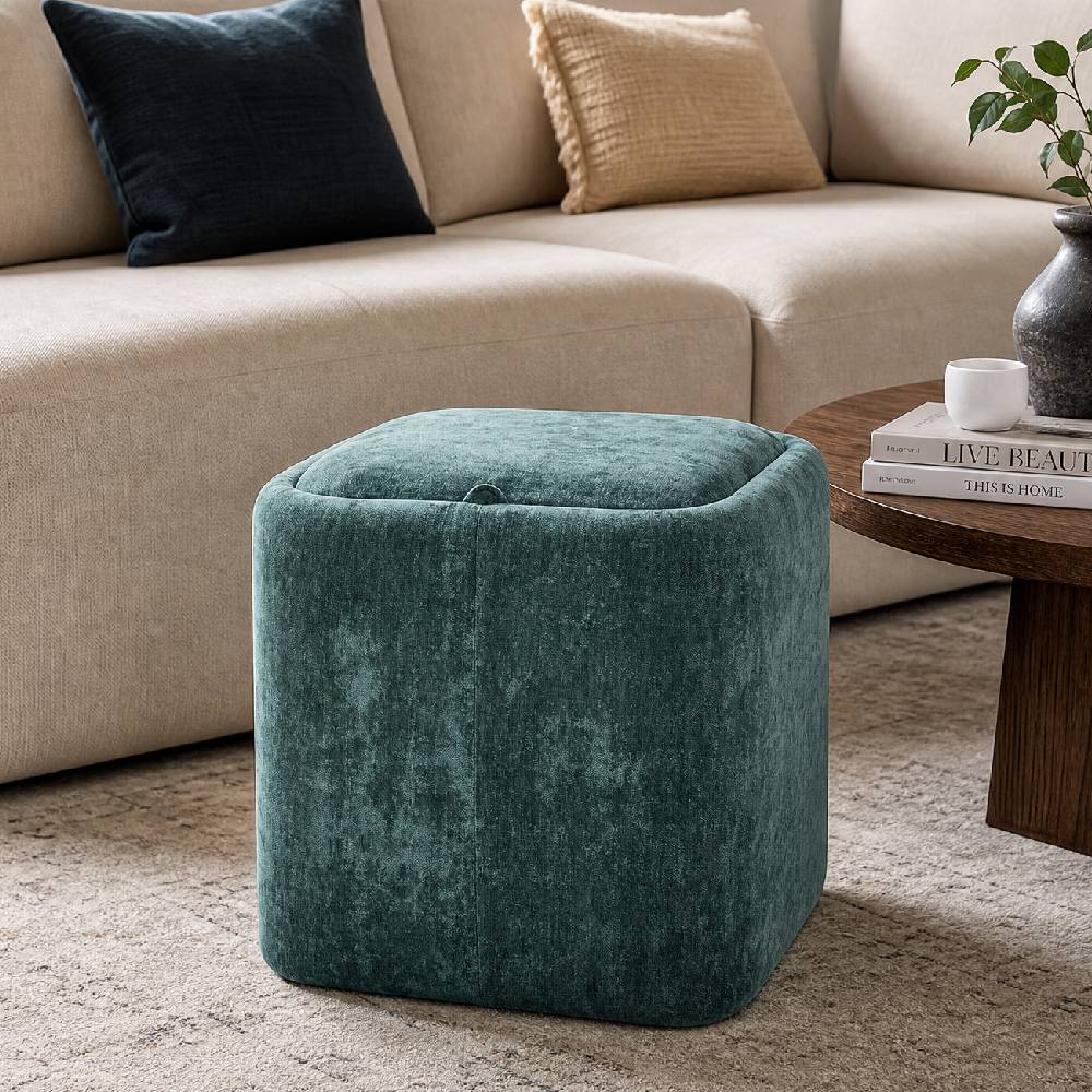 Modern Cube Storage Footstool Ottoman With Reversible Lid | Green
