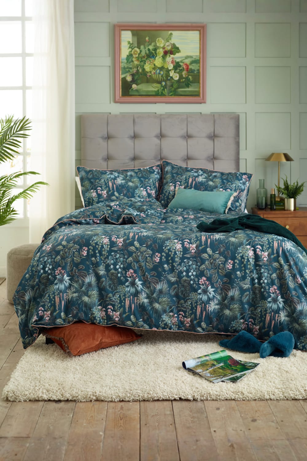 Tropical Leaves Bedding Set – Digitally Printed 100% Cotton With Piped Edging | King | Duck Egg