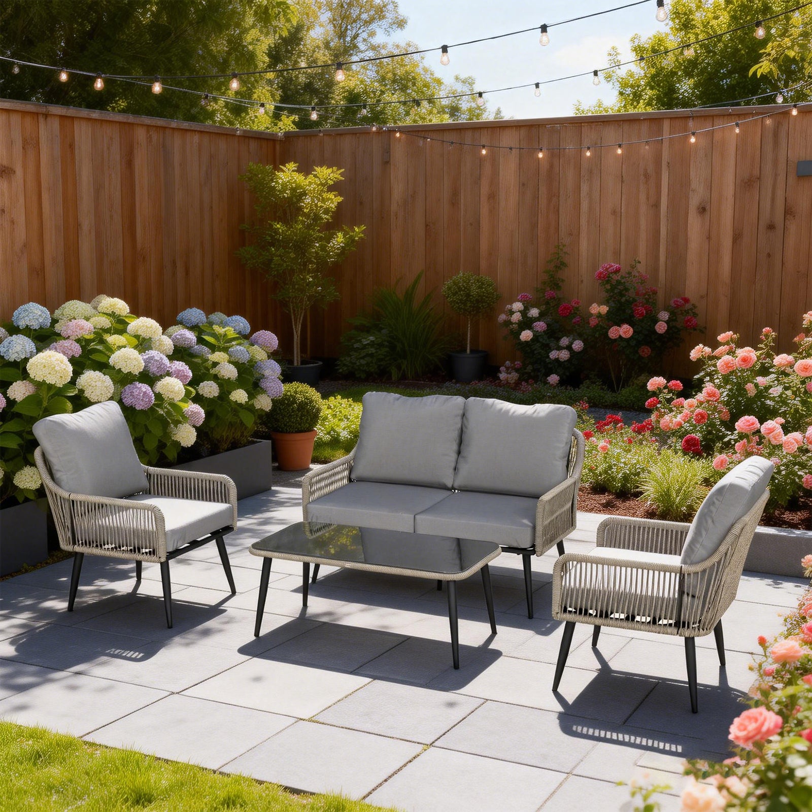 Rattan Garden Furniture Set, Tempered Glass With 3 Chairs | Light Grey