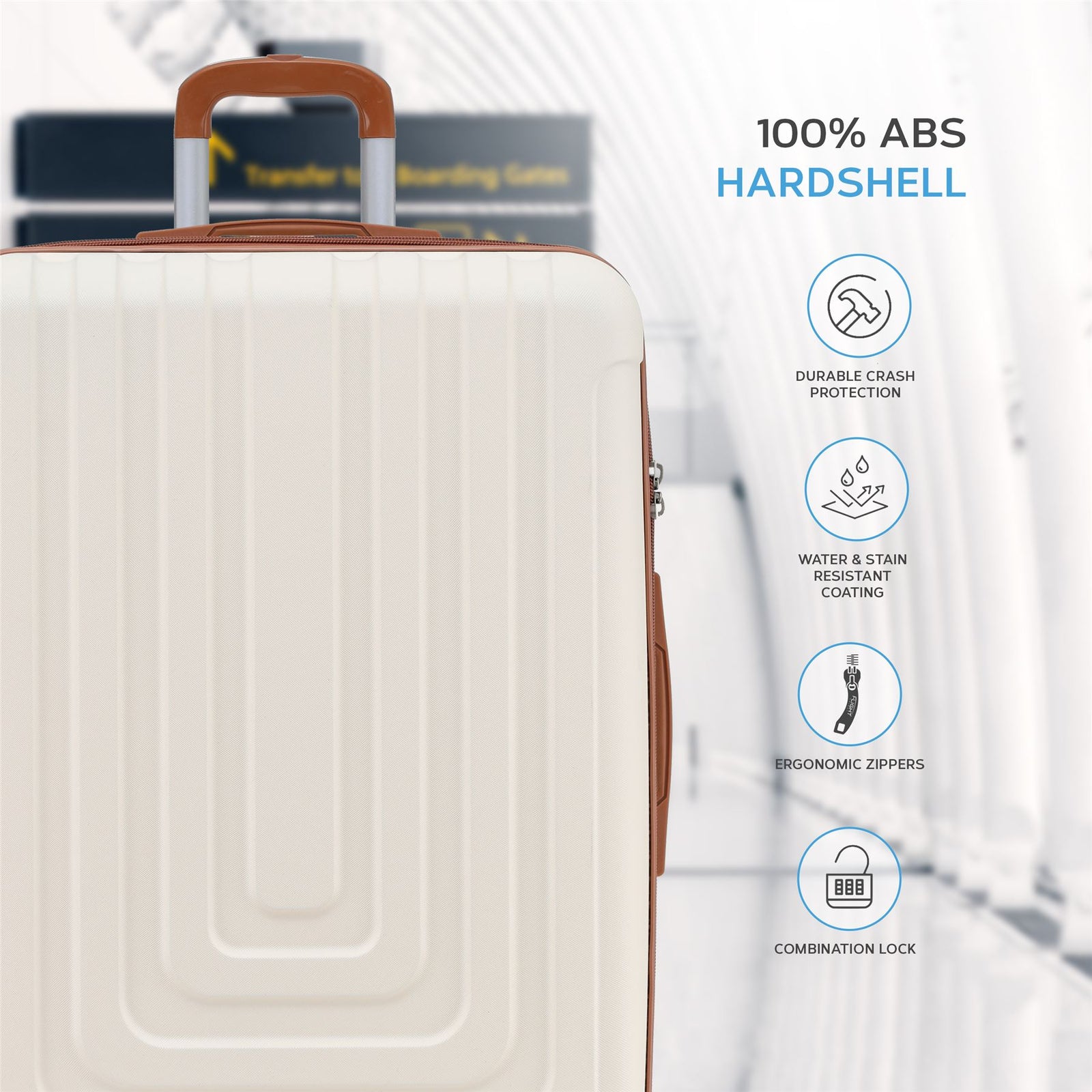 Set Of 3 Hard Shell Suitcases Overhead Carry On Cabin Bag & Check In 20kg+ Medium And Large Bag. | Set-of-3 | Cream